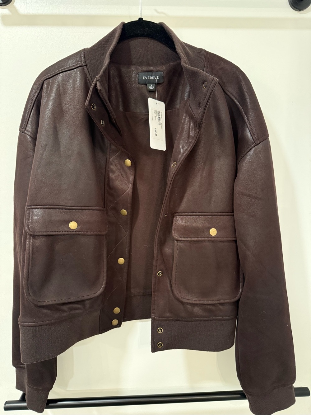 NWT Evereve dark brown faux suede bomber jacket with gold snaps size L